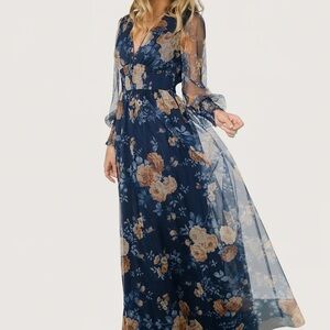 Baltic Born Navy Floral Layla Tulle Maxi Dress with flowers, NWT, size L